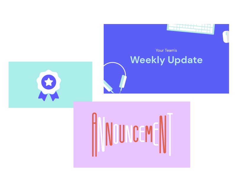 Three assorted graphic banners with text for a certification badge, a team's weekly update, and an announcement.