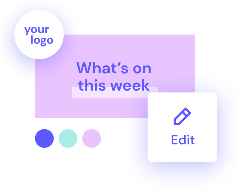 Graphic template for a weekly event schedule with a logo placeholder and an edit button.