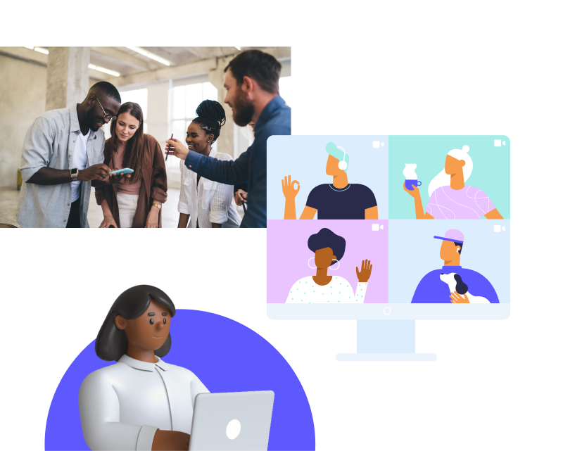 A composite image showing a group of people collaborating over a smartphone on the left, and on the right, illustrations of individuals engaging in video calls on computer screens.