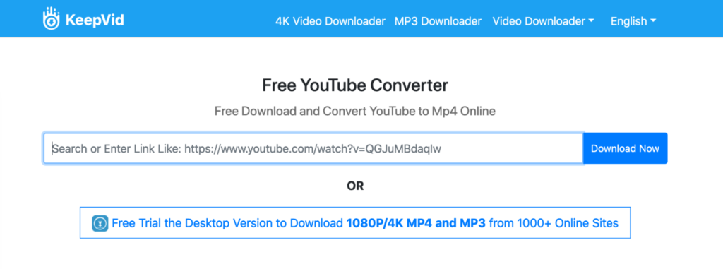 Online video conversion tool webpage with options for free download and conversion of youtube to mp4, along with a field to enter a video link and a download button.