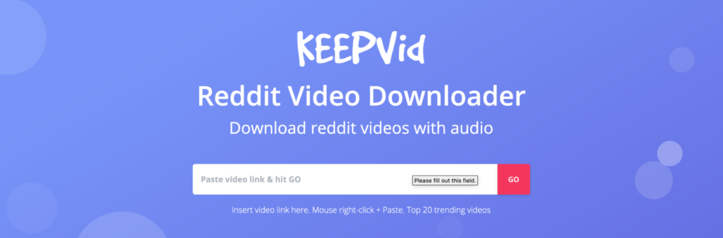 A screenshot of the keepvid reddit video downloader webpage, featuring a user interface for downloading reddit videos with audio.