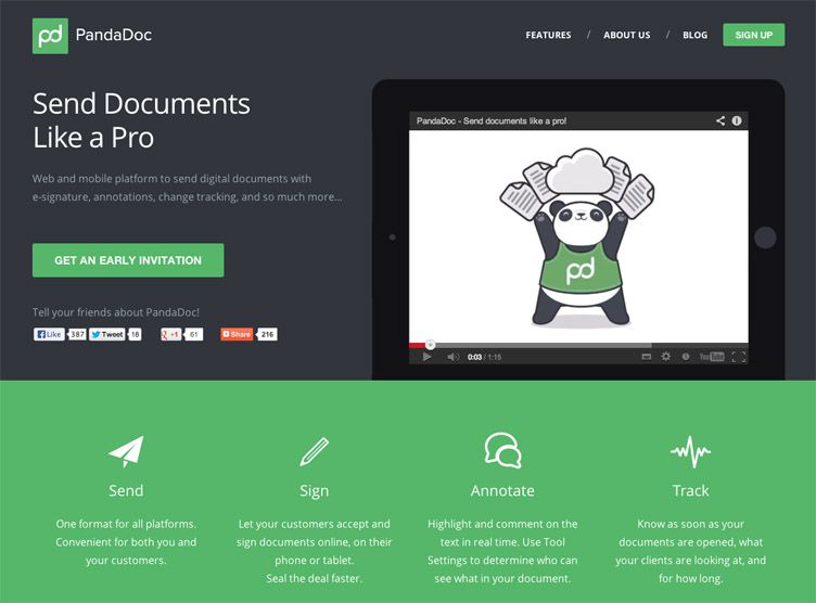 Webpage screenshot featuring pandadoc, a document management service, with a panda mascot illustration on a tablet.
