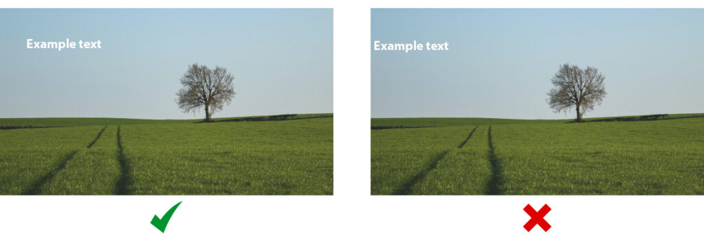 Comparison of acceptable and unacceptable text placement on an image of a solitary tree in a field.