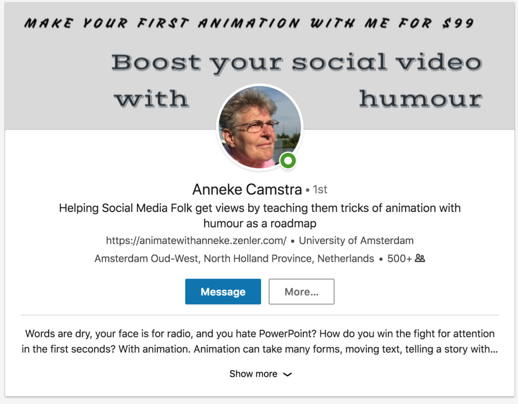 Advertisement for an animation workshop tailored to social media, featuring an instructor profile.