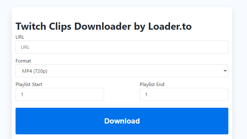 An online tool interface for downloading twitch clips by loader.to, featuring url input, format selection, and download button.