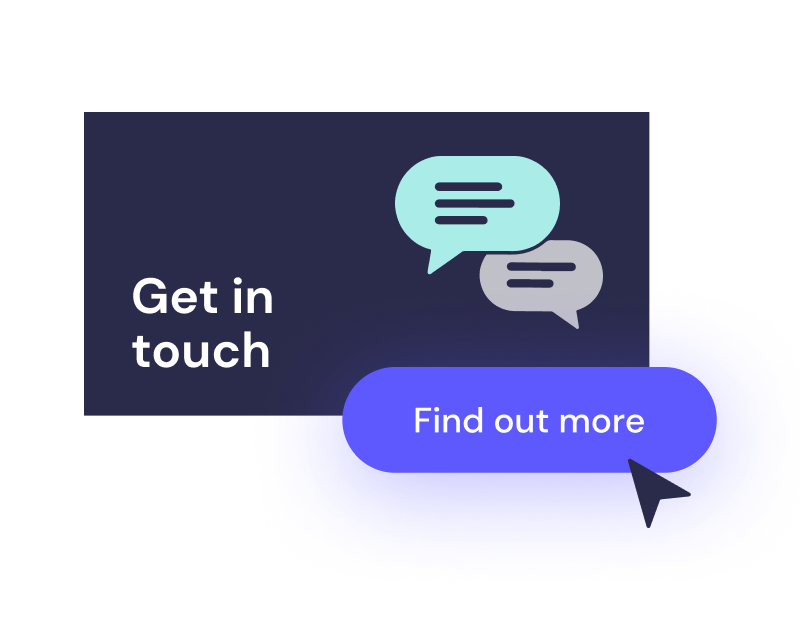 Web banner with "get in touch" message and a "find out more" button with an arrow indicator.