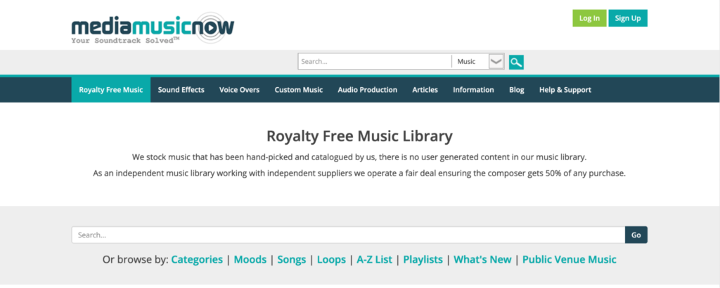 Website homepage for "media music now" featuring navigation options for royalty-free music, sound effects, voice-overs, and other audio services.