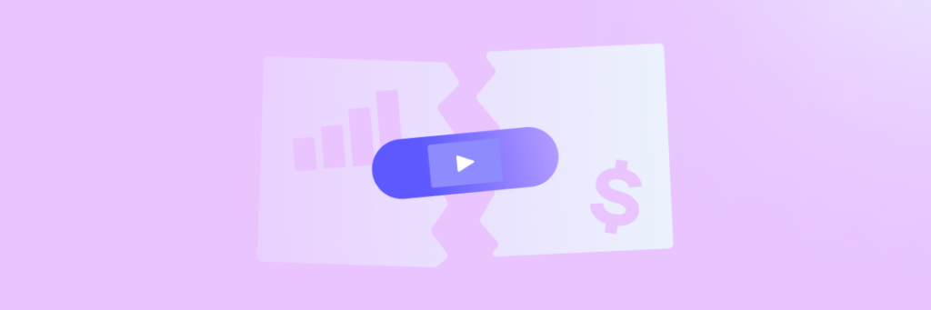 An illustration showing a split image with a bar chart and play button on the left and a dollar sign on the right, symbolizing the concept of monetizing video content.