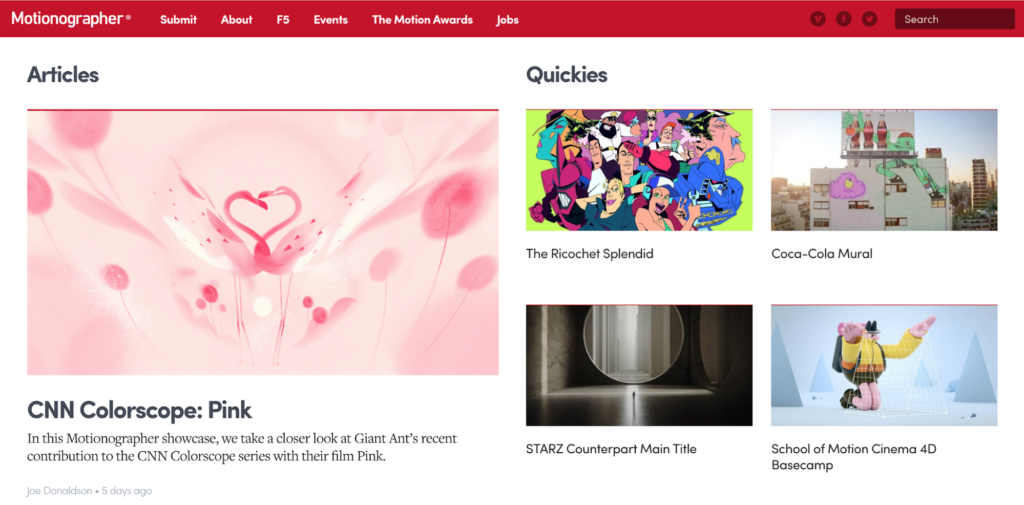 A screenshot of a website featuring a variety of articles and visual content, including a pink-themed image, an animated group, a coca-cola mural, and a person with a 3d model.