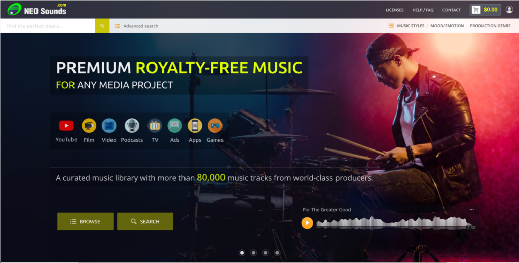 A website homepage offering premium royalty-free music, featuring an image of a person playing drums with vibrant stage lighting in the background.