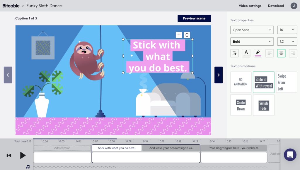 Image of a video editing software interface featuring an animated scene with a dancing sloth and the text "stick with what you do best.