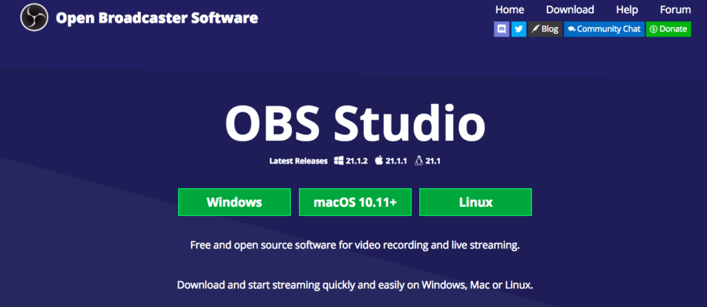 Screenshot of the obs studio website displaying download options for windows, macos, and linux.