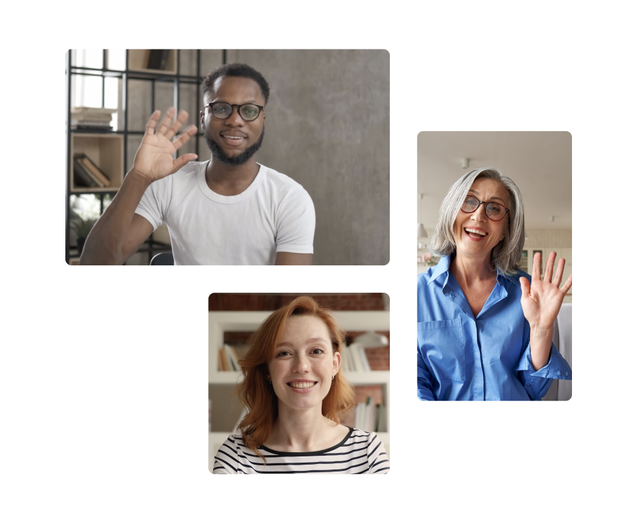 Three individuals in separate frames engage in video calls, each person waving at the camera with a friendly expression.