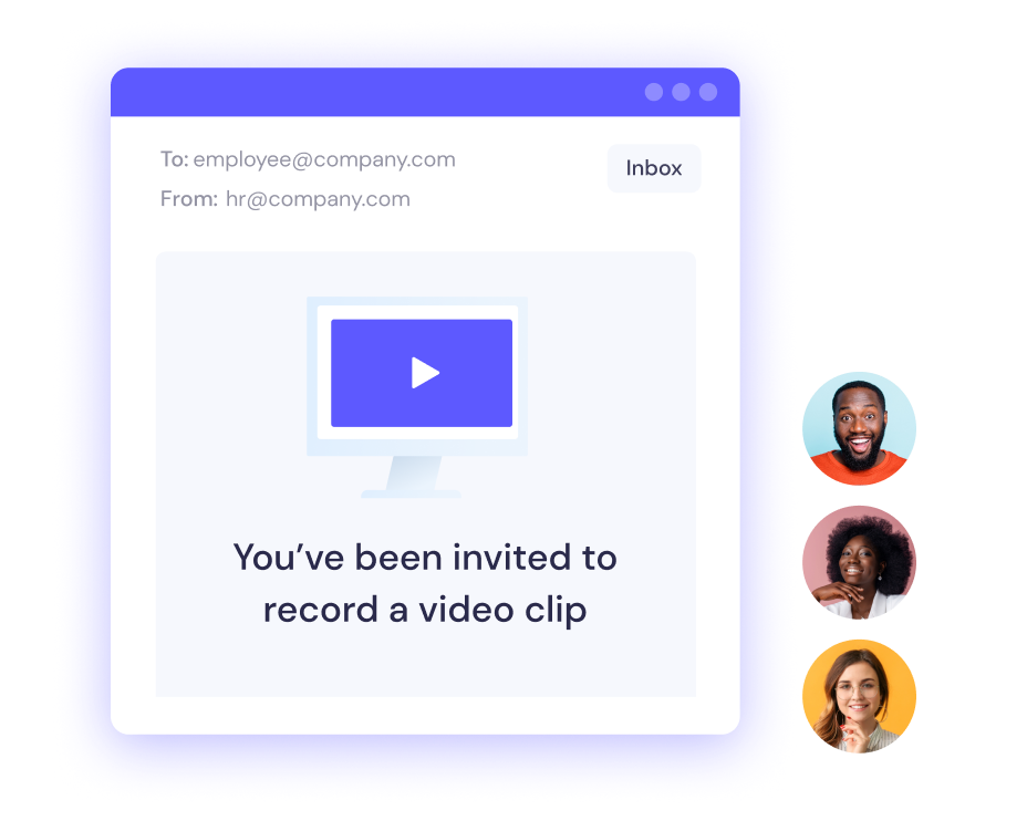 An illustration of an email invitation to record a video clip, with profile pictures of three individuals on the right side.