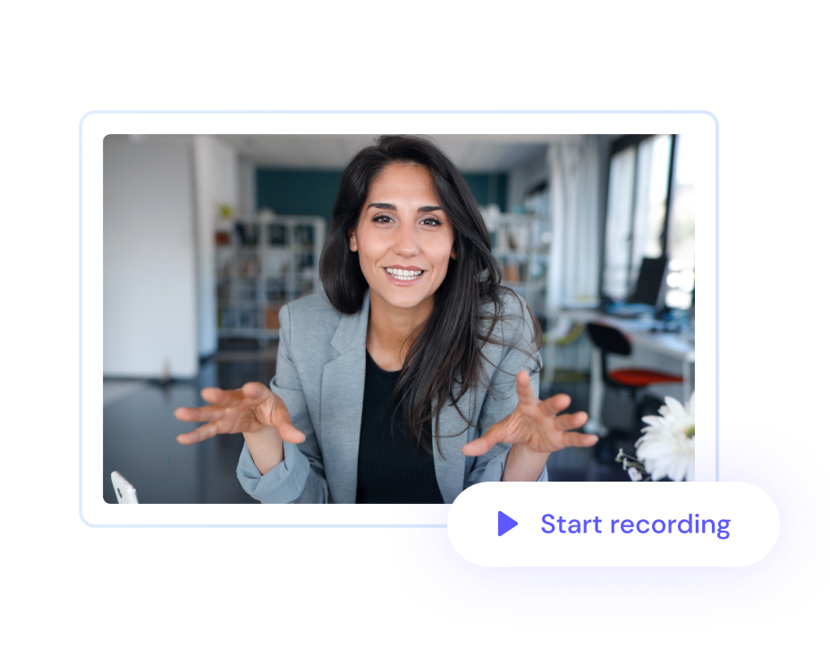 Professional woman gesturing during a video conference call.