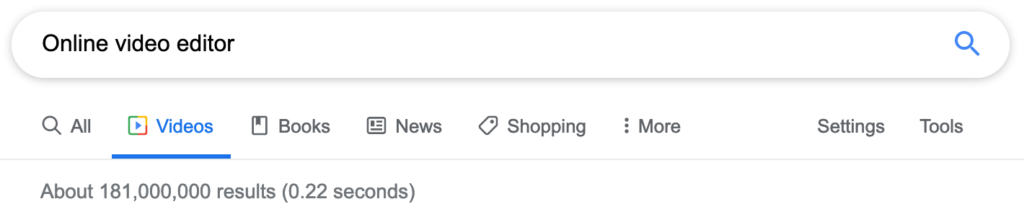 A screenshot of a web search engine results page for the term "online video editor.