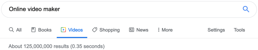 Screenshot of a google search result page for "online video maker" with various search options like all, books, videos, shopping, and news displayed below the search bar.