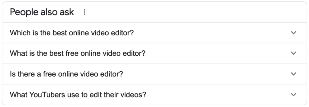 Search engine results showing frequently asked questions about online video editors.