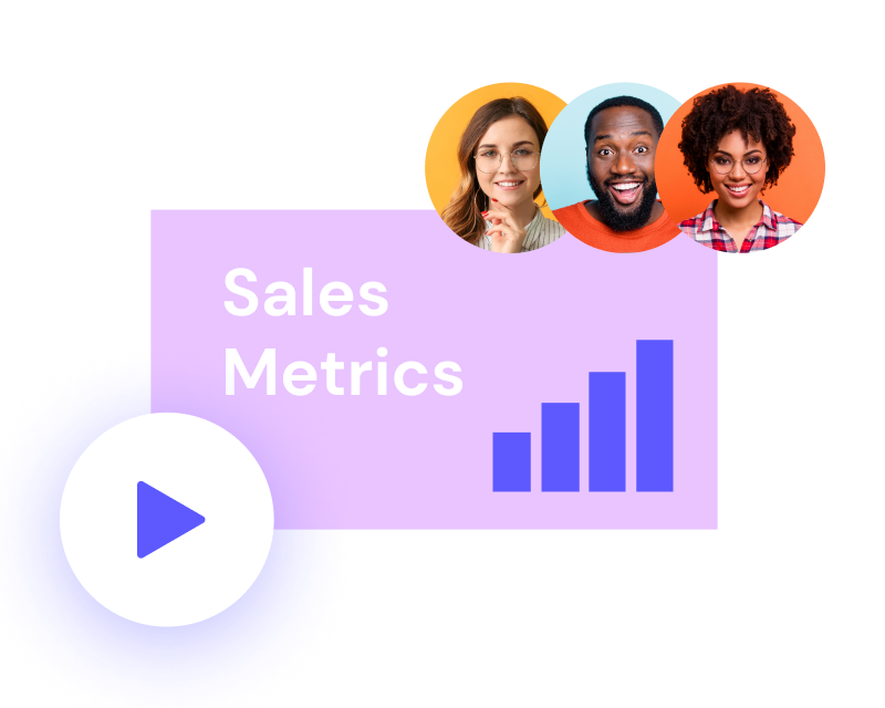 A digital presentation slide titled "sales metrics" with bar graphs, alongside images of three smiling individuals.
