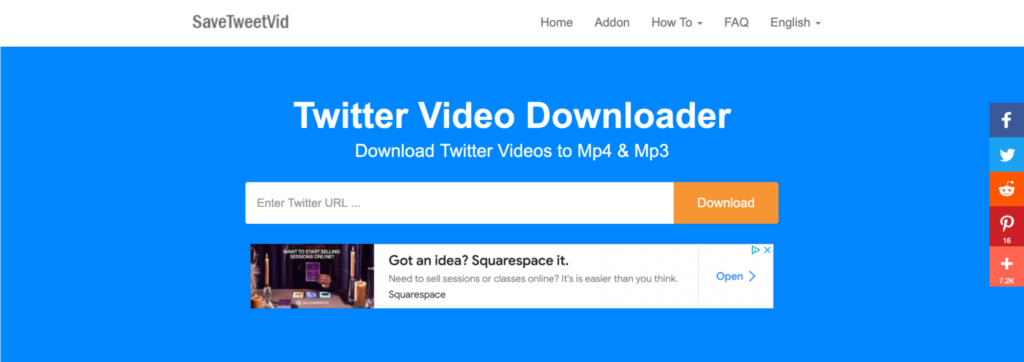 A screenshot of a webpage for a twitter video downloader service, allowing users to download videos from twitter in mp4 and mp3 formats.