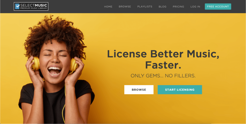 Woman enjoying music with headphones against a yellow background, on a music licensing website.