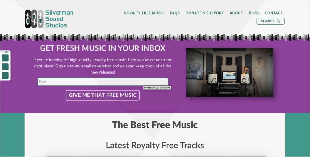 Homepage of a music service offering royalty-free music with a call-to-action for free music sign-up.