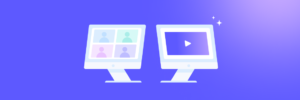 Two computer monitors, one displaying a video call interface and the other showing a media player with a play button.