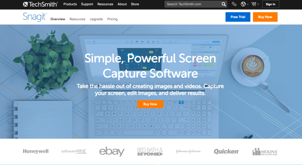 Website homepage of "snagit" showcasing its screen capture software with customer logos and a call-to-action for a free trial and purchase.