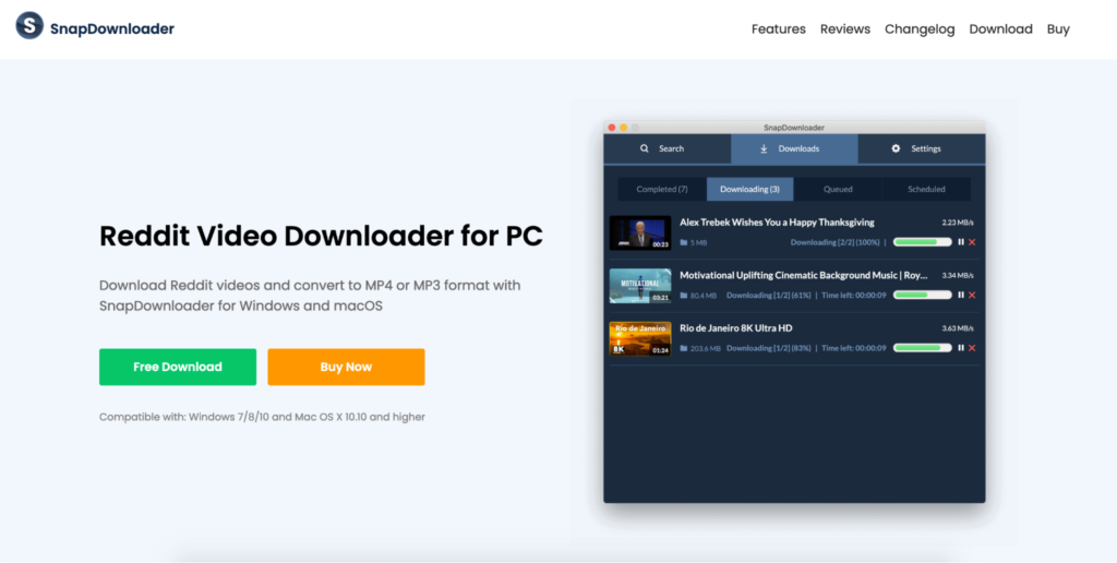 A screenshot showcasing the homepage of snapdownloader website, advertising their reddit video downloader for pc with a call-to-action for a free download and to buy now.