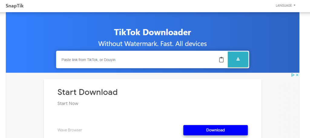 Website interface of snaptik, a tiktok downloader tool offering downloads without watermark for all devices.