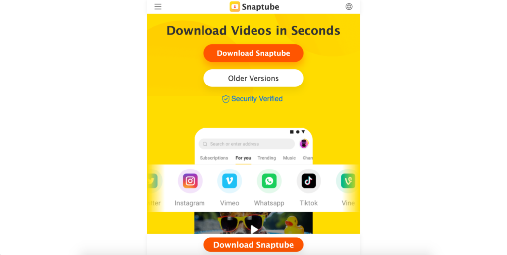 Mobile app advertisement for downloading videos, featuring a bright yellow background and highlighting platform compatibility with various social media icons.