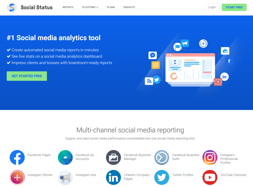 A screenshot of "social status" website homepage advertising social media analytics tools with visuals representing various social media platforms.