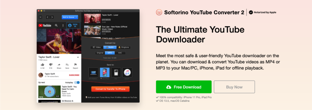 A screenshot of the softorino youtube converter 2 website advertising its video downloading software features with interface examples and a call-to-action for a free download.