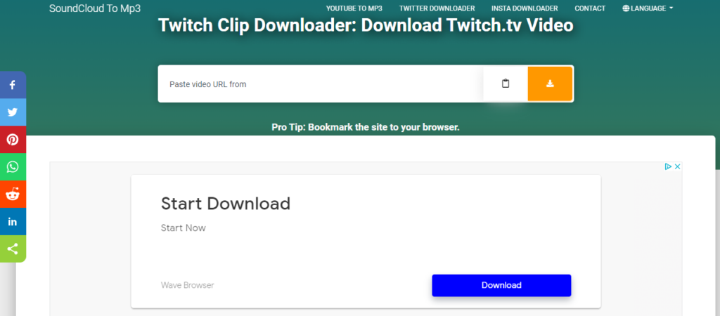 A screenshot of a website interface for a twitch clip downloader service, featuring a url input field and a download button.