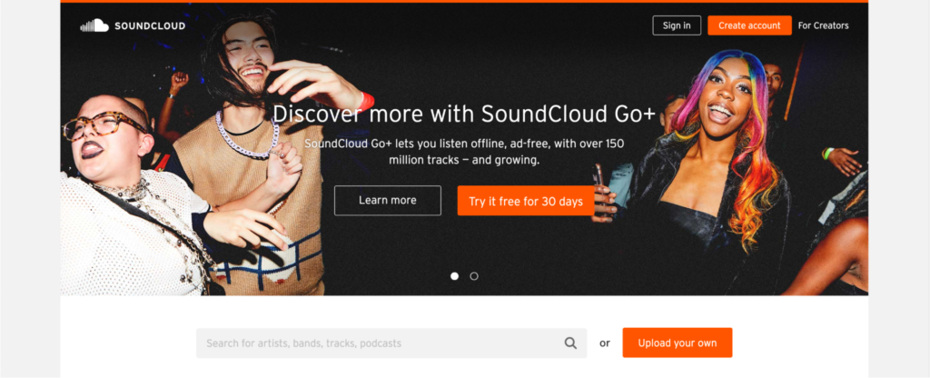 Three individuals enjoying a lively moment, with promotional content for soundcloud go+ offering offline, ad-free access to over 150 million tracks.