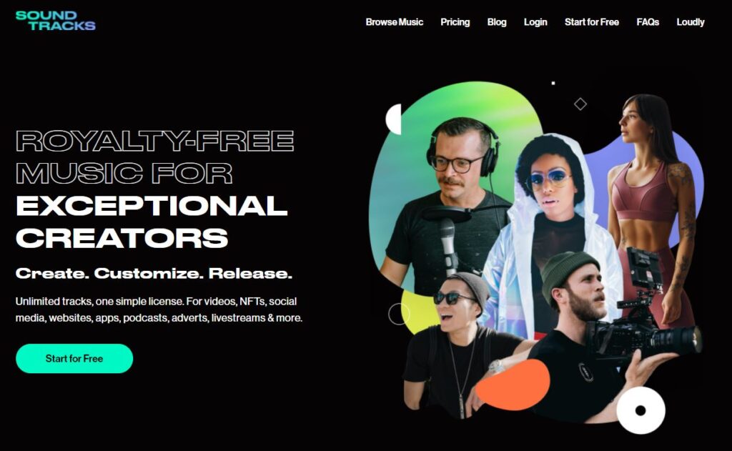 A web page promoting royalty-free music, featuring images of creative individuals and a call-to-action button.