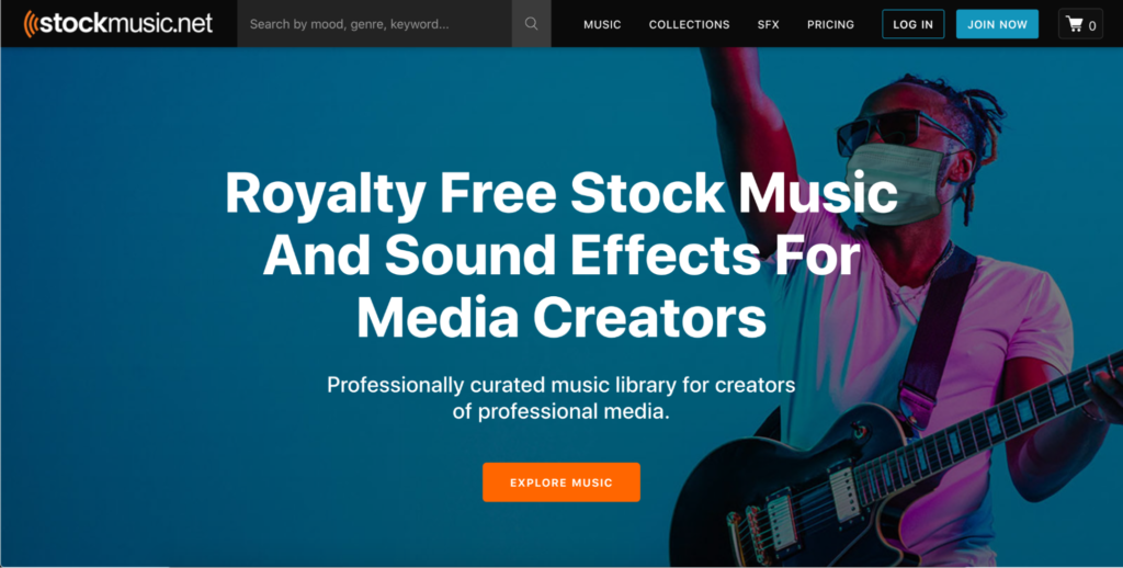 Musician in a mask playing an electric guitar on a homepage for a royalty-free music and sound effects website.