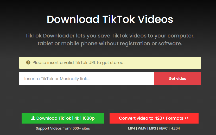 A screenshot of a tiktok video downloader website interface with options for saving videos and converting them to various formats.