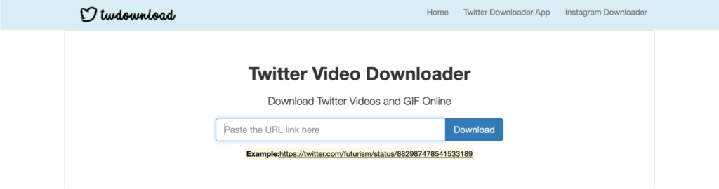 Website interface for a twitter video downloader tool with a field to paste the url and a download button.