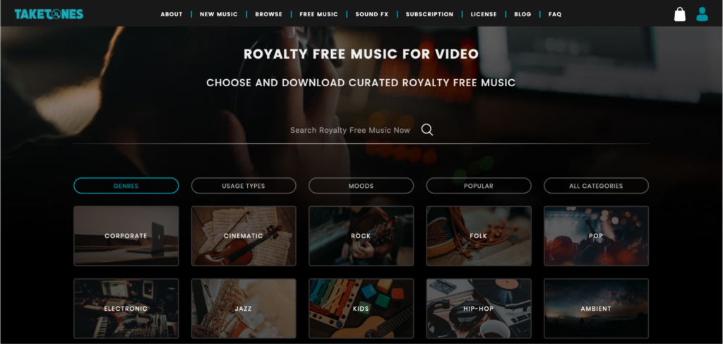 Website offering a selection of royalty-free music for video with search and genre options.