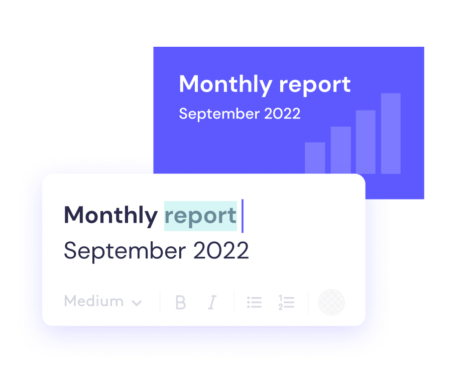 Graphic illustration of a monthly report document for september with editable text features and bar graph visualizations.