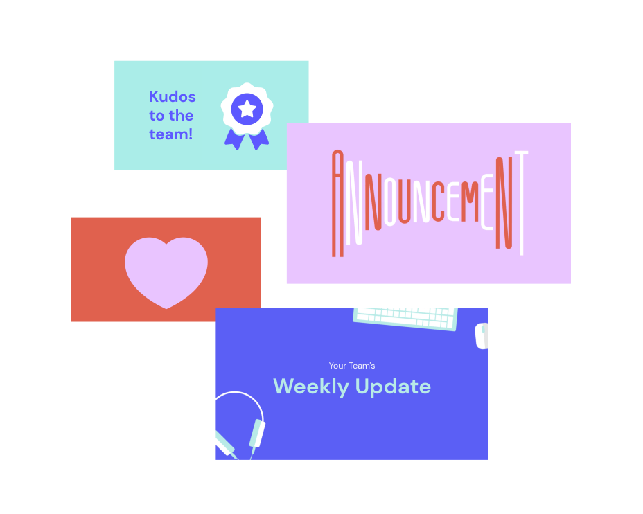A collage of various colorful graphics, including messages of "kudos to the team!", "announcement", and "weekly update", likely representing office or teamwork-related communications.