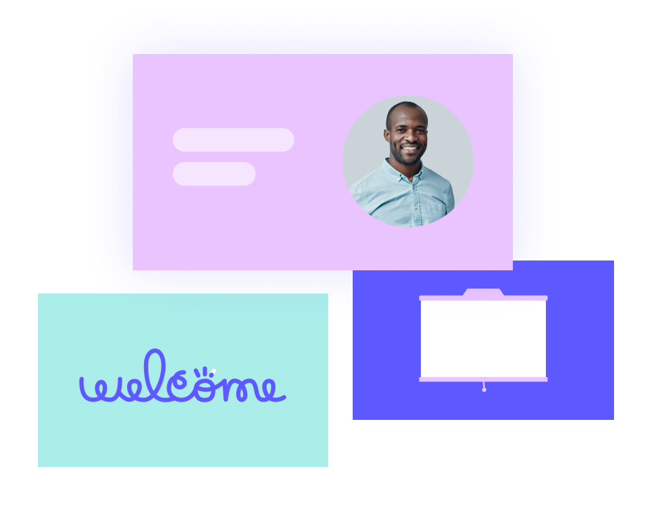 A digital collage featuring a smiling man in a profile picture, a 'welcome' note, and abstract shapes representing interface elements.