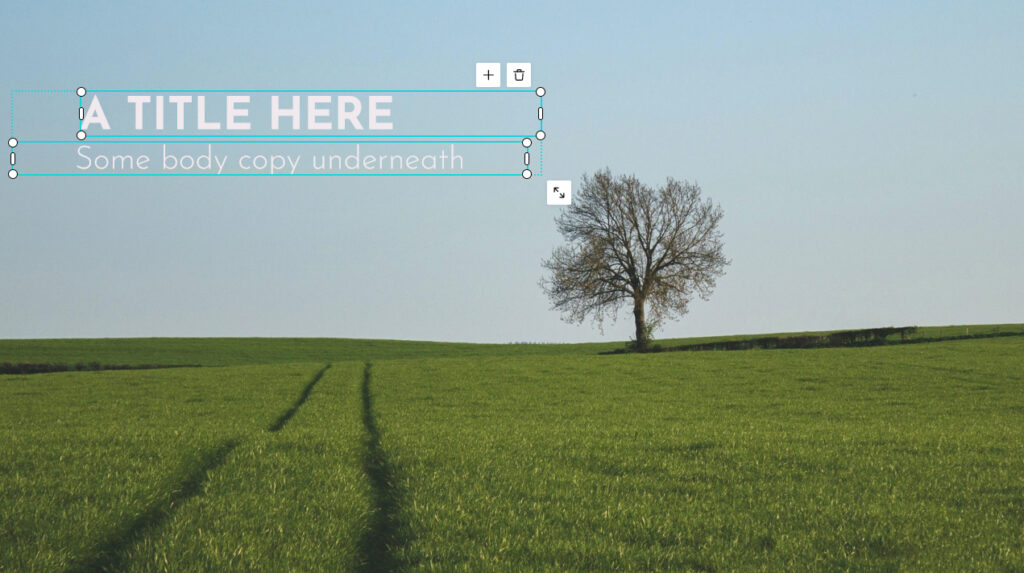 A solitary tree stands in a green field with tire tracks leading towards it under a clear blue sky, overlaid with a template for a title and body text.