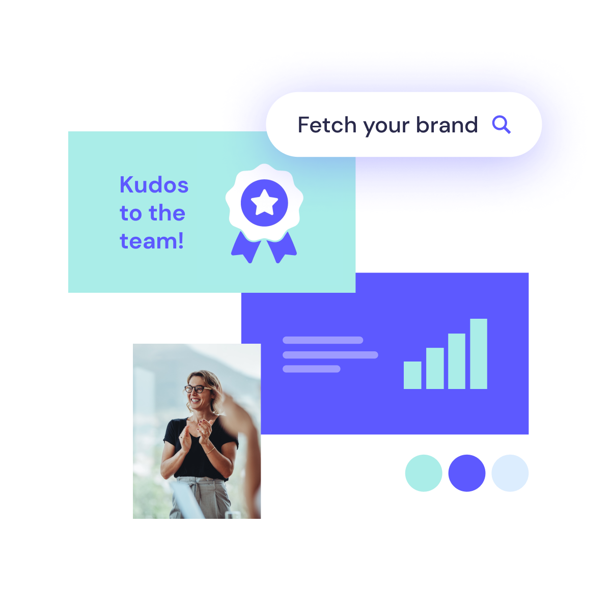 A digital collage representing brand interaction, with features such as a search bar, analytics, a success badge, and an applauding woman created with Biteable video maker.
