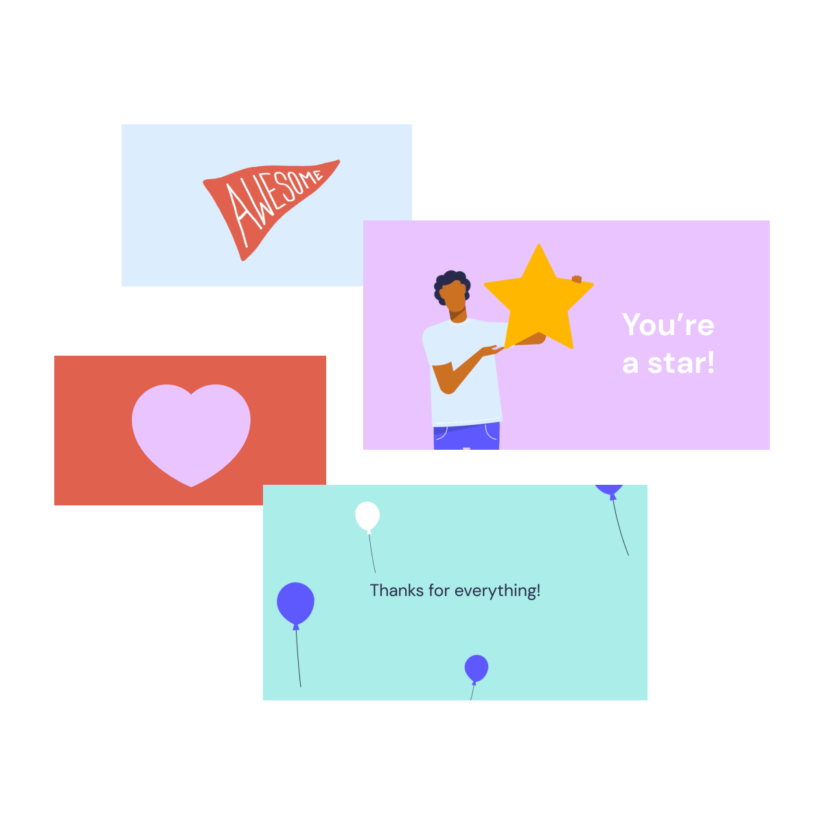 A collection of colorful cards with messages of appreciation and a person holding a gold star.
