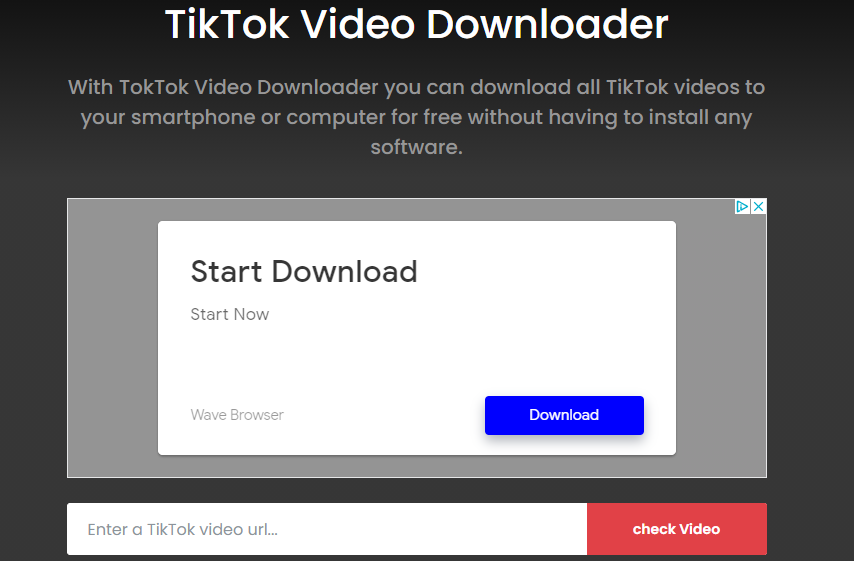 A screenshot of a tiktok video downloader web service offering free downloads of tiktok videos without requiring software installation.