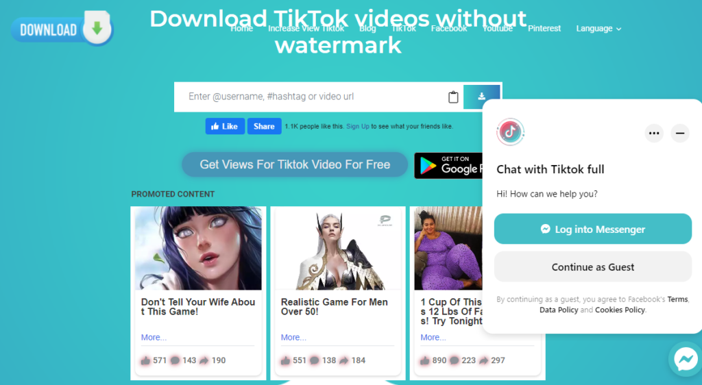 Web page displaying an advertisement for downloading tiktok videos, featuring various promotional content and a chat support option.
