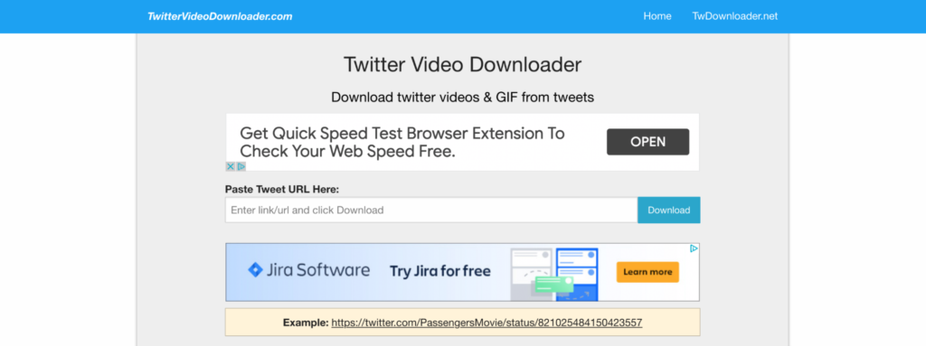 Website interface of twittervideodownloader.com, an online tool for downloading videos and gifs from tweets.