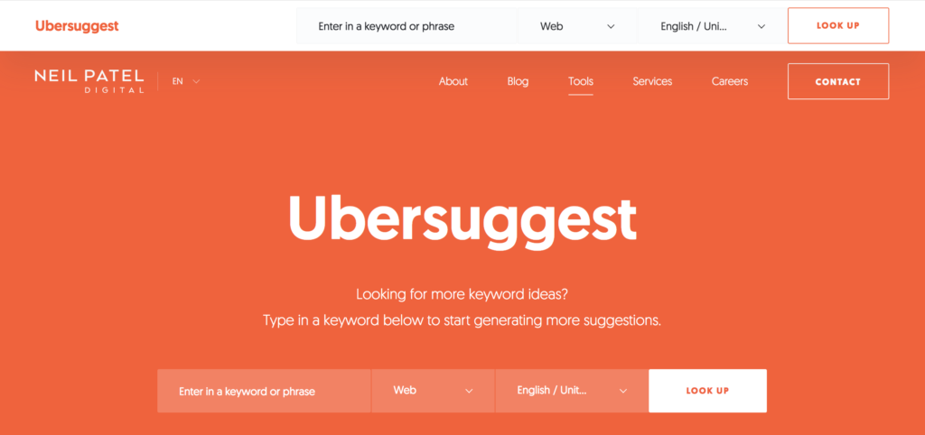 Homepage of the ubersuggest website offering a search bar for keyword ideas, with prominent branding and navigation menu.